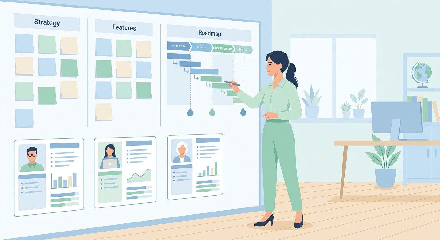 Illustration of an app strategy planning session with persona cards and a product roadmap