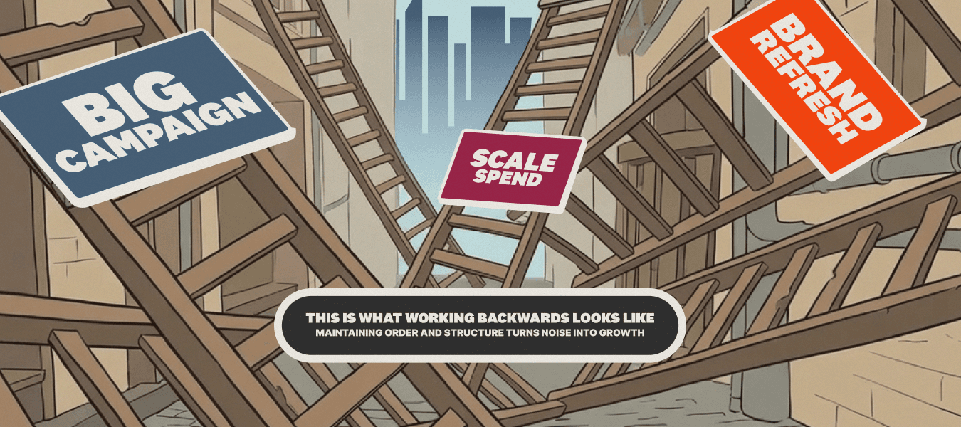 Illustration of tangled ladders labeled “big campaign,” “scale spend,” and “brand refresh,” representing the chaos of building growth in the wrong order.