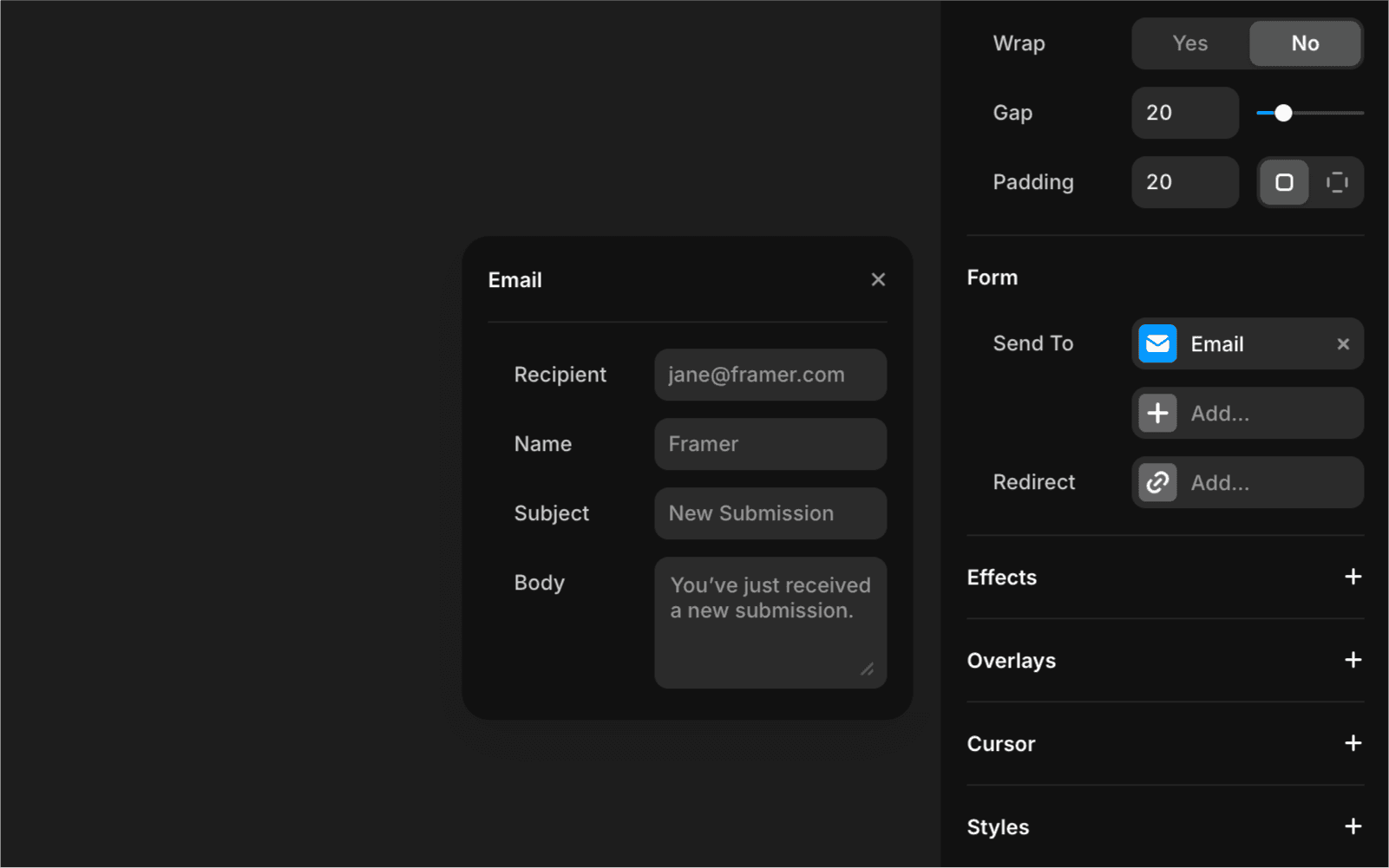 Email form configuration in Framer with fields for recipient, name, subject, and body.