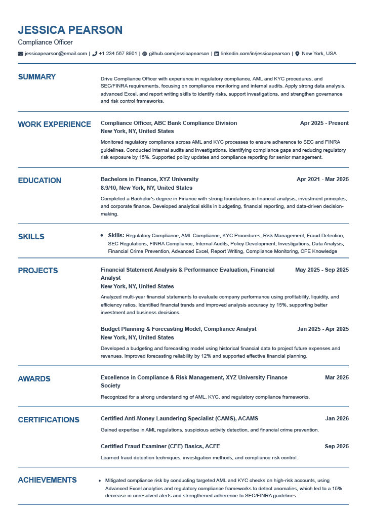 Formal single-column resume template for a compliance officer