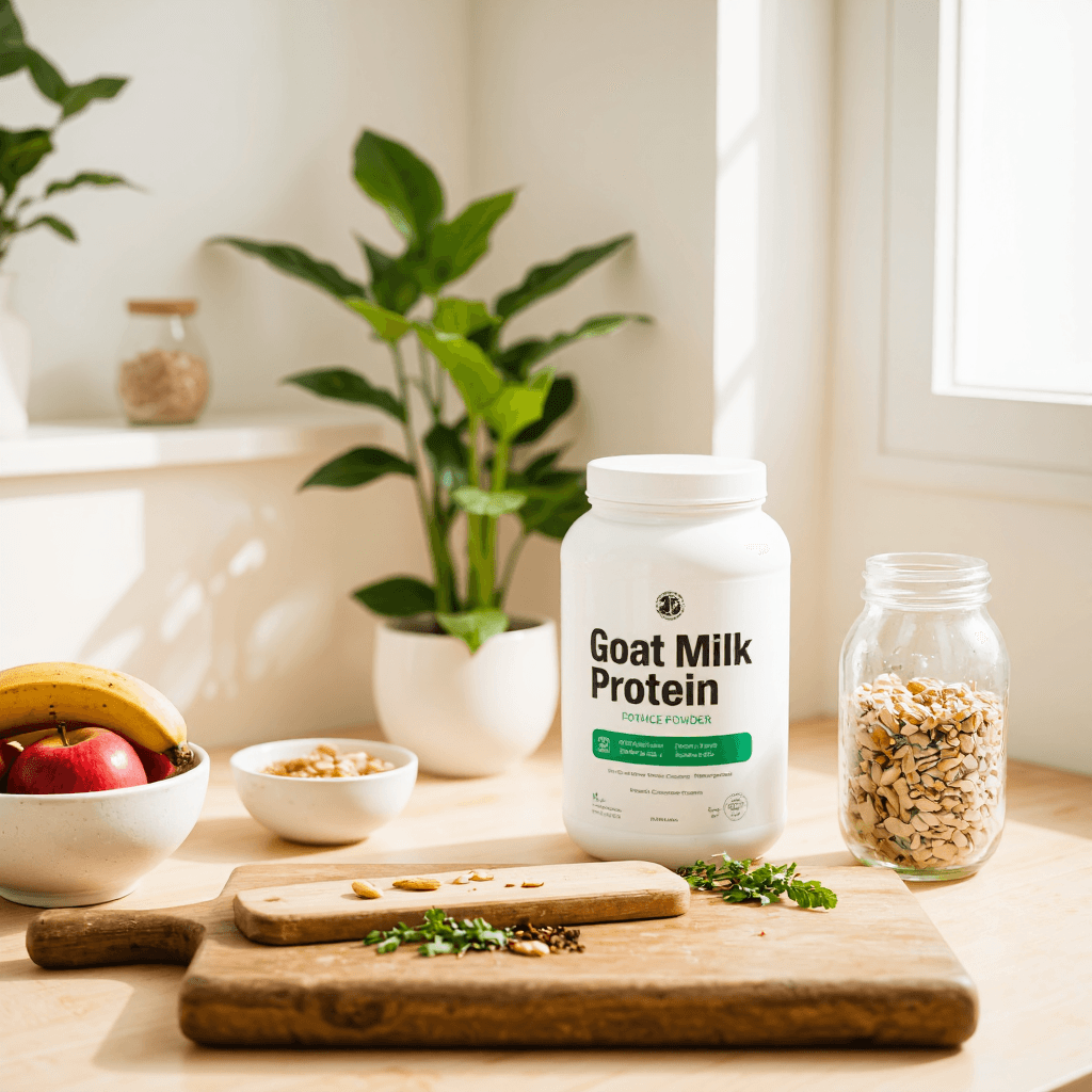 product photography of goat milk protein powder