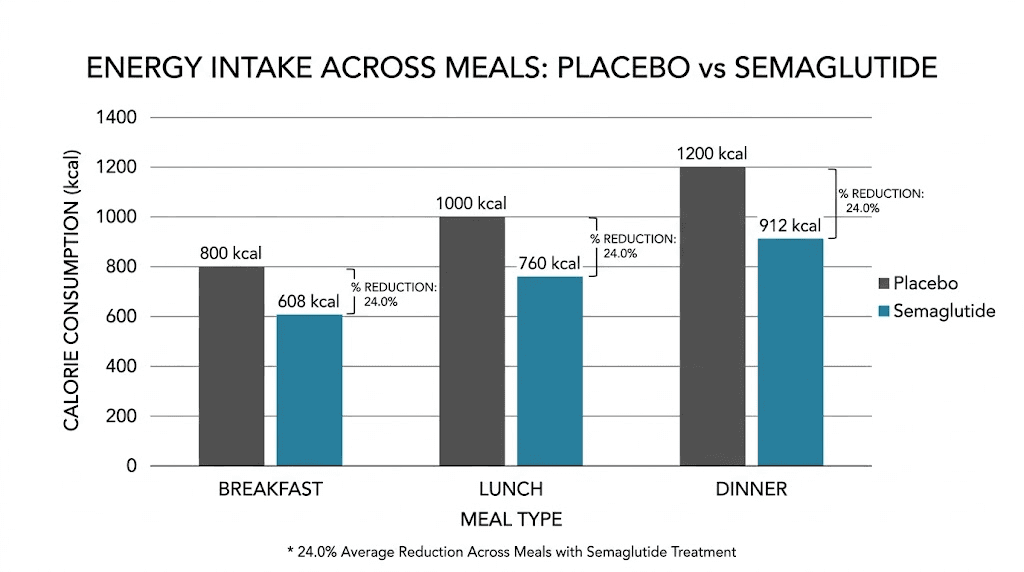 Semaglutide calorie reduction chart showing 24% decrease in daily energy intake
