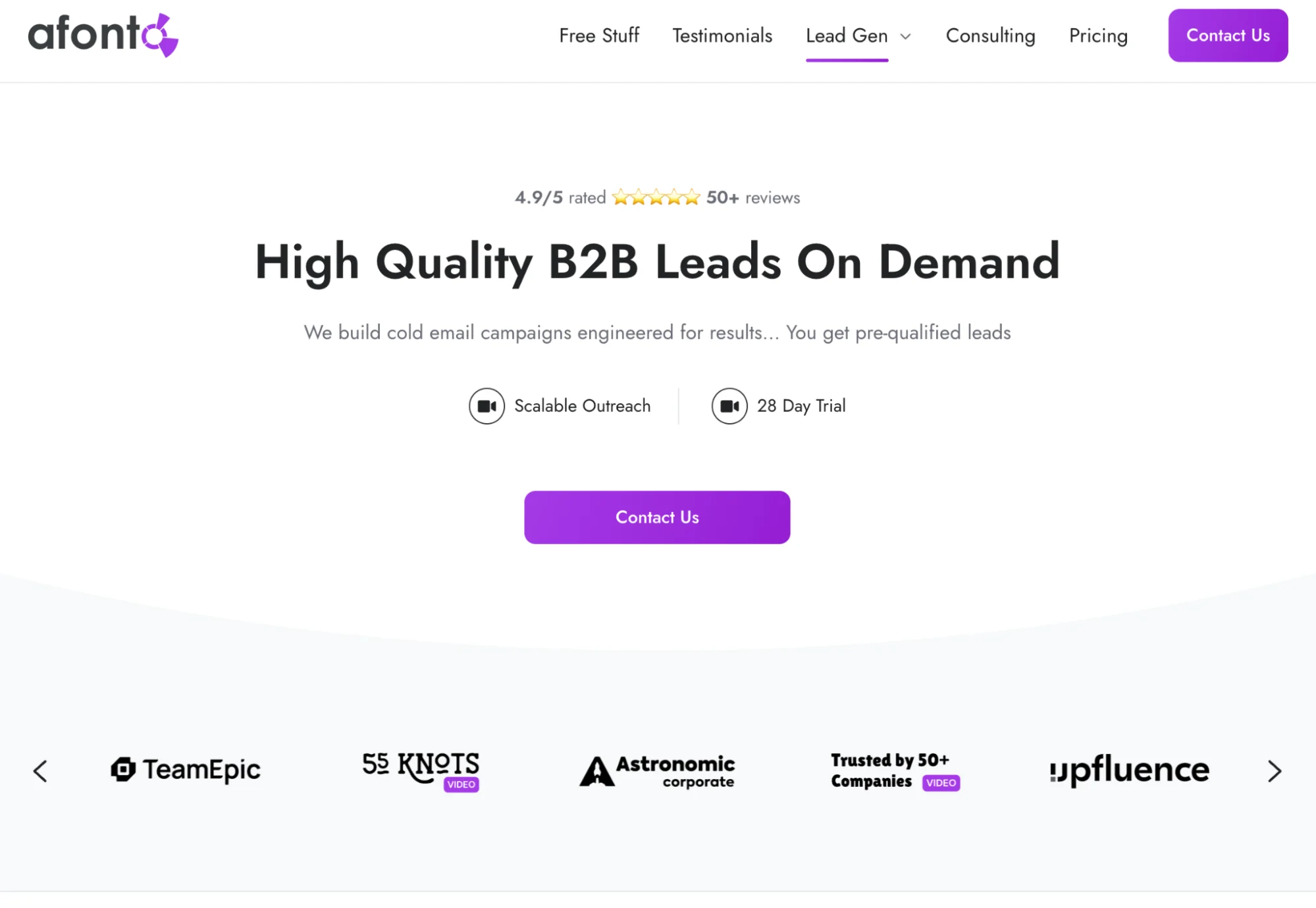 Afonto homepage: AI-powered Clay cold outreach agency delivering high-quality B2B leads on demand