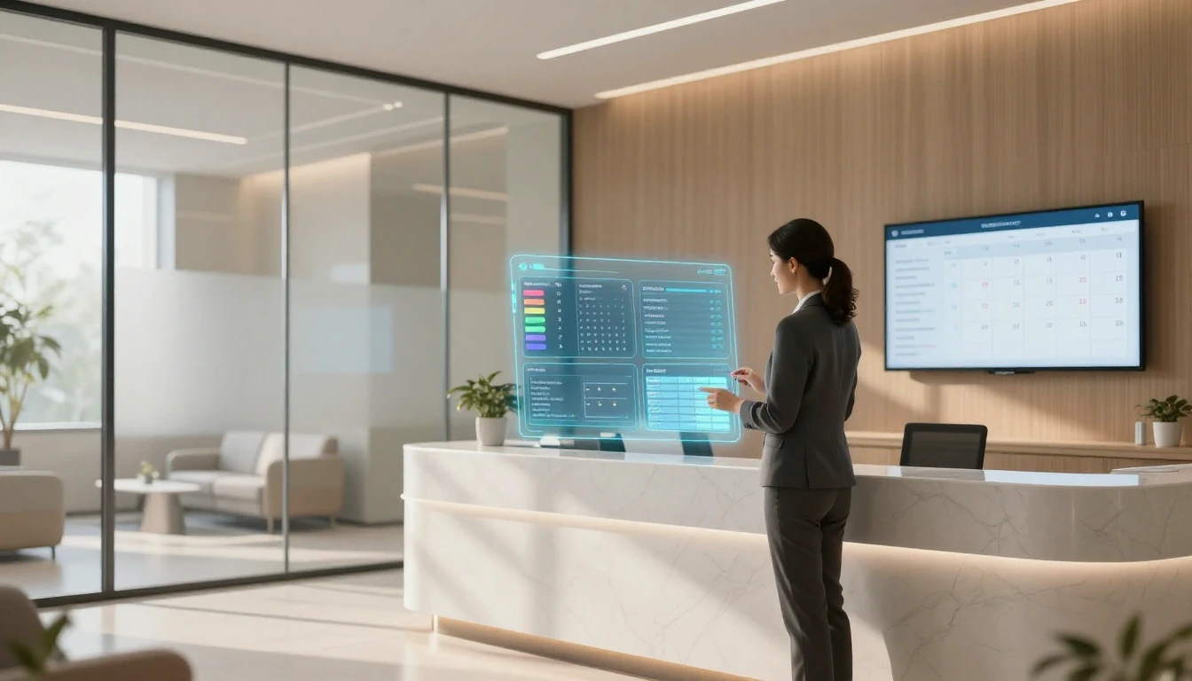 A modern, upscale private medical clinic reception area with floor-to-ceiling frosted glass panels, polished white marble reception desk, and soft clinical lighting complemented by warm natural light from a tall window. A professional clinic director or practice manager in refined business attire stands at the reception desk reviewing a teal holographic AI dashboard displaying four simultaneous panels: an incoming call queue with color-coded urgency indicators in teal and amber, a new patient intake record being populated in real time, an appointment confirmation schedule with green checkmarks, and a prescription refill request queue awaiting clinical review.