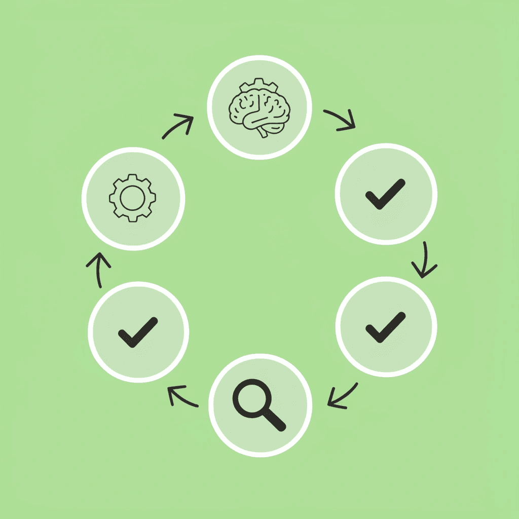 Circular workflow showing five steps: organize question, input to AI tool, process existing data, receive answer, and apply insights
