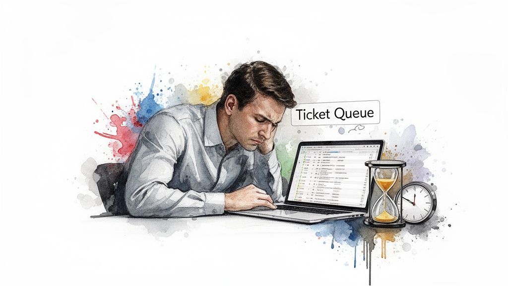 Watercolor illustration of a stressed man managing a ticket queue on a laptop under time pressure.