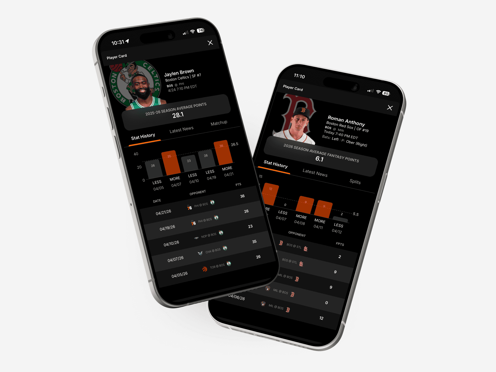 mobile screens of the pick6 player cards