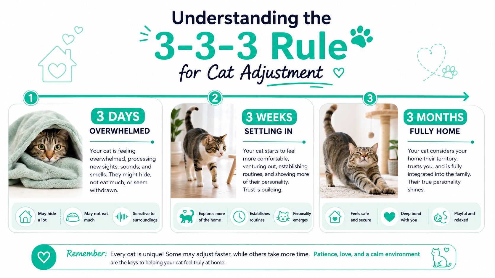 An infographic titled The 3-3-3 Rule for Cat Adjustment, detailing the timeline for cats settling into a new home.