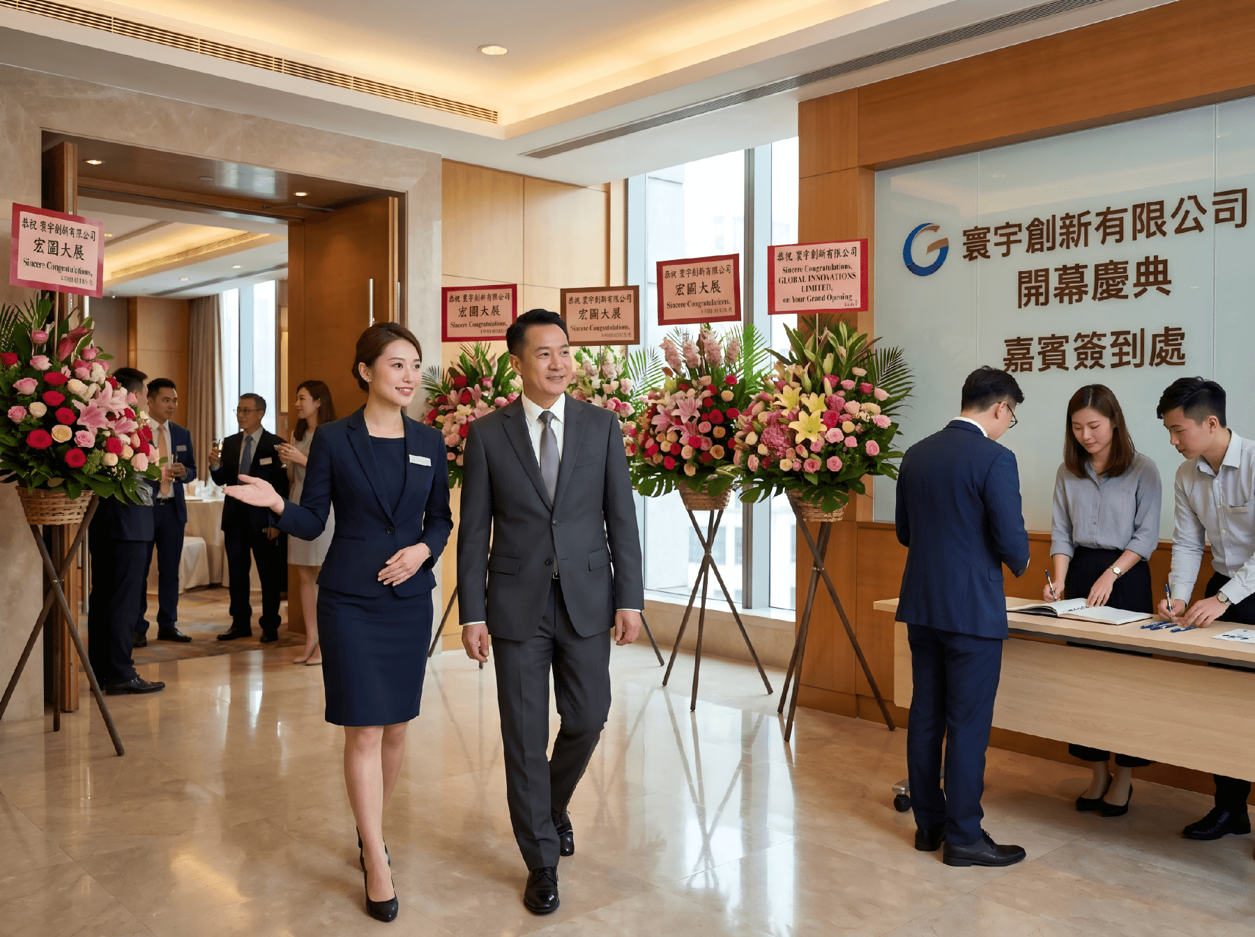接待動線由簽到到入場一氣呵成，配合清晰指示與專人帶位，讓嘉賓無需等候詢問 Smooth guest reception flow from check-in to seating with clear signage and guided escort so VIP guests never need to wait or ask for directions 活動接待動線 貴賓迎賓安排 公司開張接待