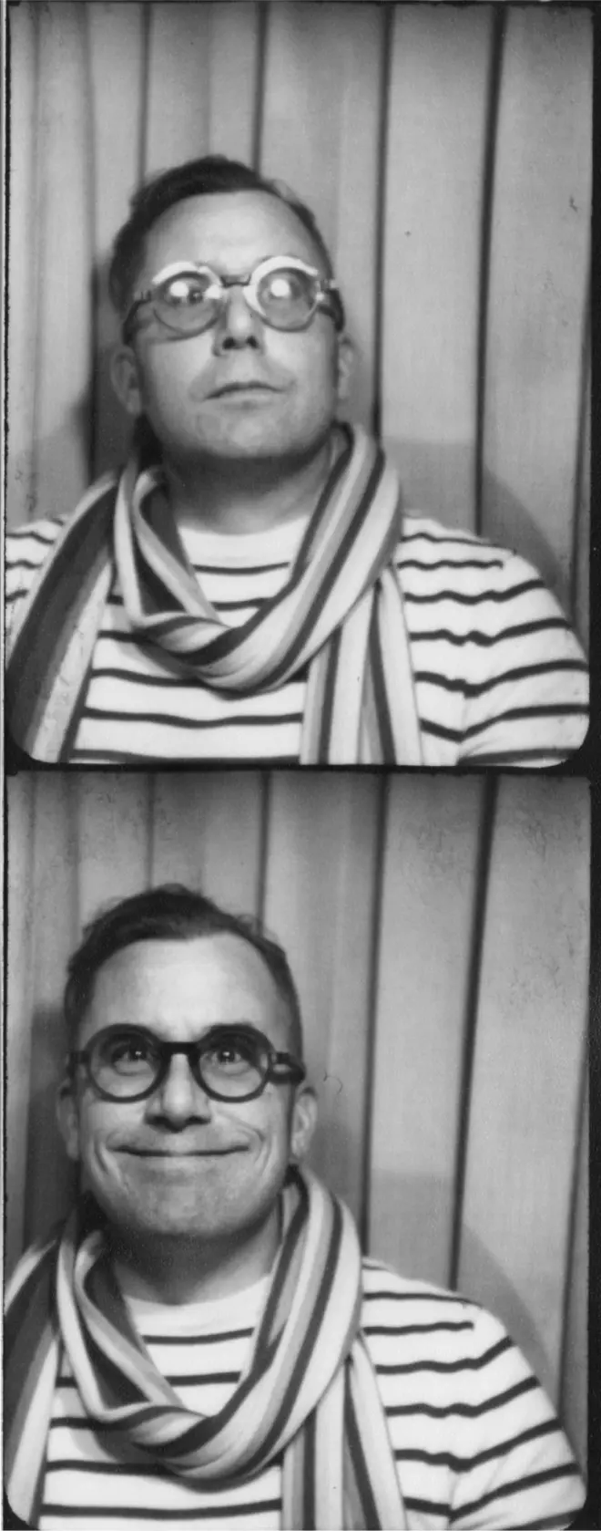Rob Harrigan wearing round glasses and a striped scarf poses in a two-panel photo booth strip against a vertical striped backdrop, displaying a playful expression in the top image and a cheerful smile in the bottom image.