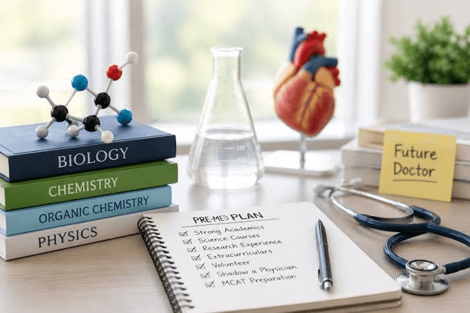 High school pre-med student reviewing a published research paper at a library desk with medical textbooks