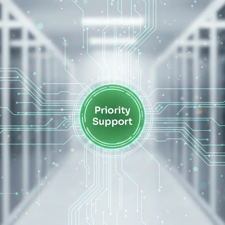 Abstract digital visualization of a central glowing green hub connected by circuit-like light trails, symbolizing fast response times and priority network support in a clean, high-tech environment.