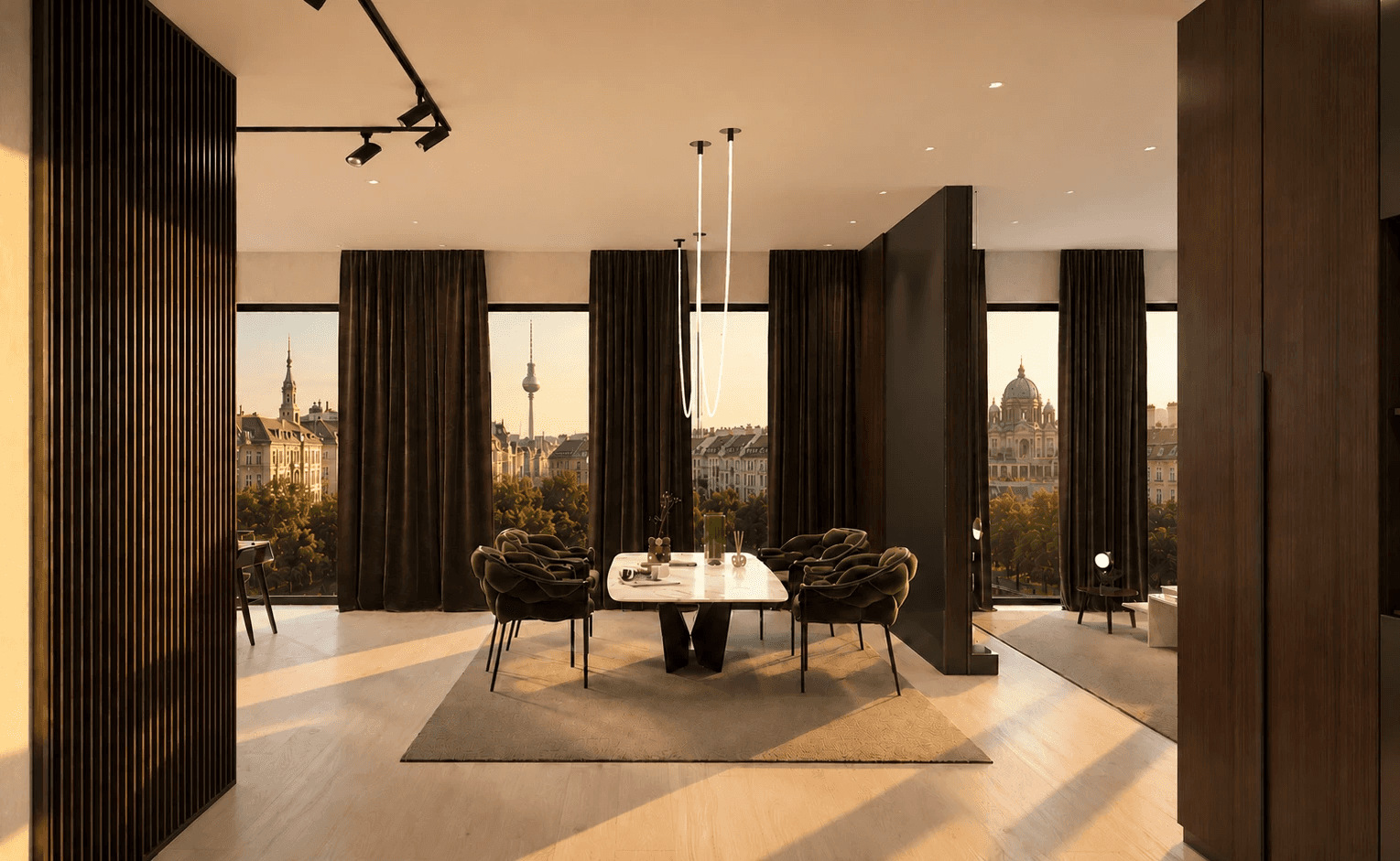 Moderner, warmer Essbereich mit dunklen Holzelementen, edlem Calacatta-Marmor und exklusiven Designmöbeln mit Blick auf Berlin von Rosewood Interiors.
