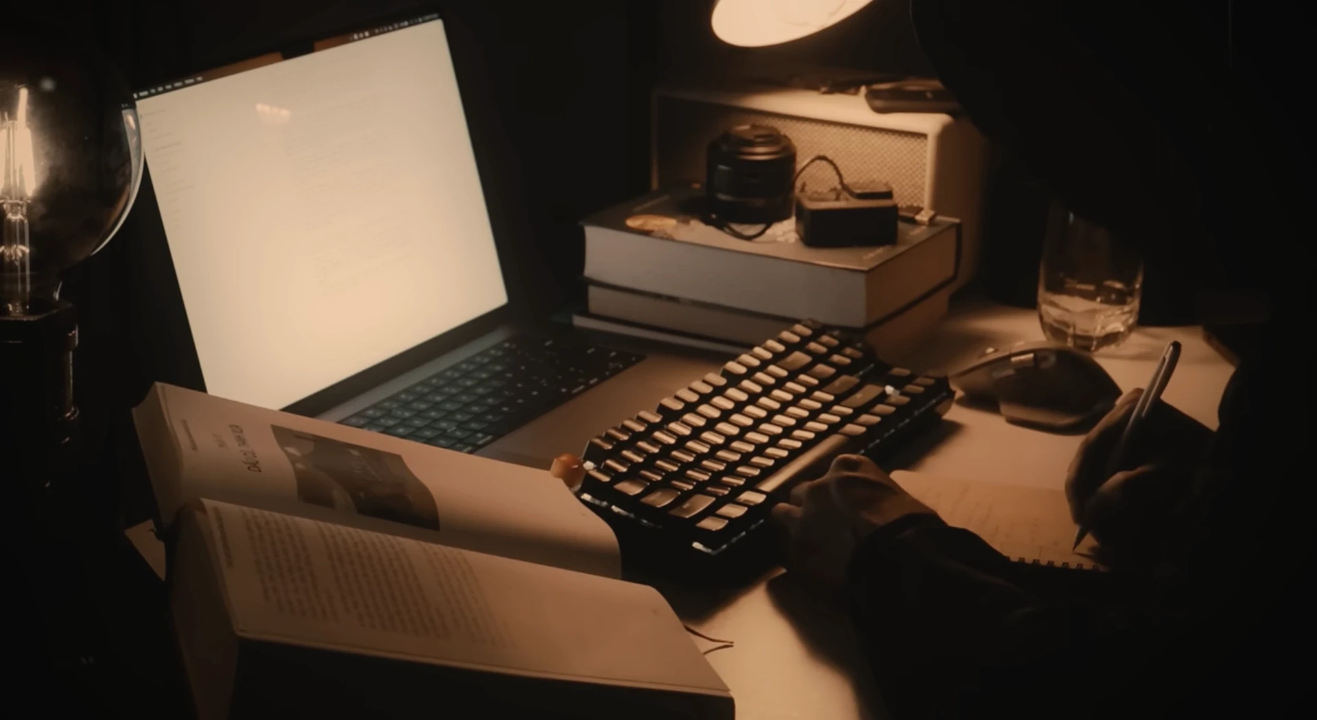 Studying alone at home late at night.