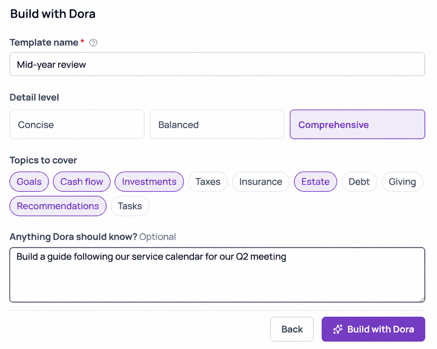 Build with Dora form with guide detail level, topics, notes, and creation controls.