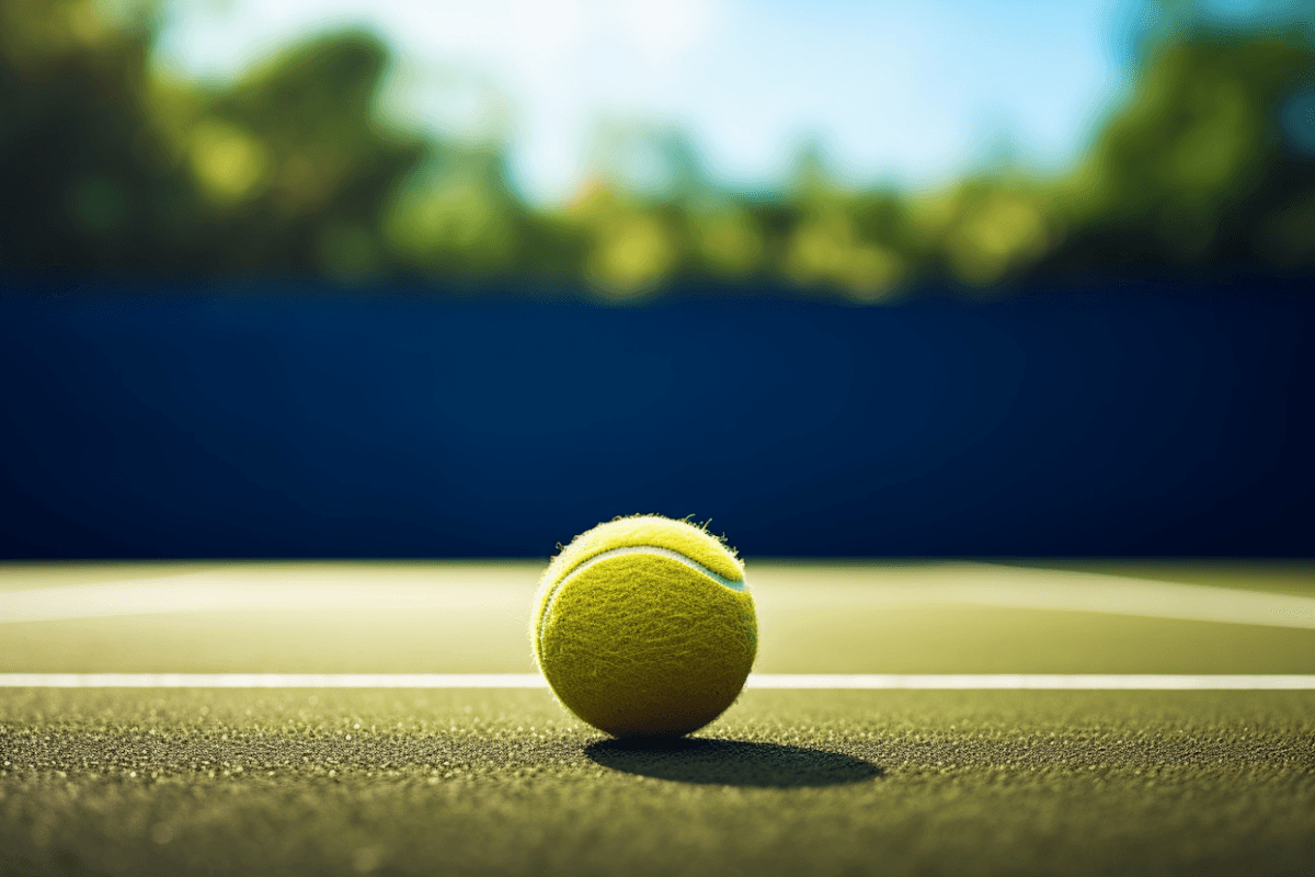 Tennis ball on a sunlit court with a blurred blue backdrop and green foliage. The scene conveys a sense of calm and anticipation before a match.