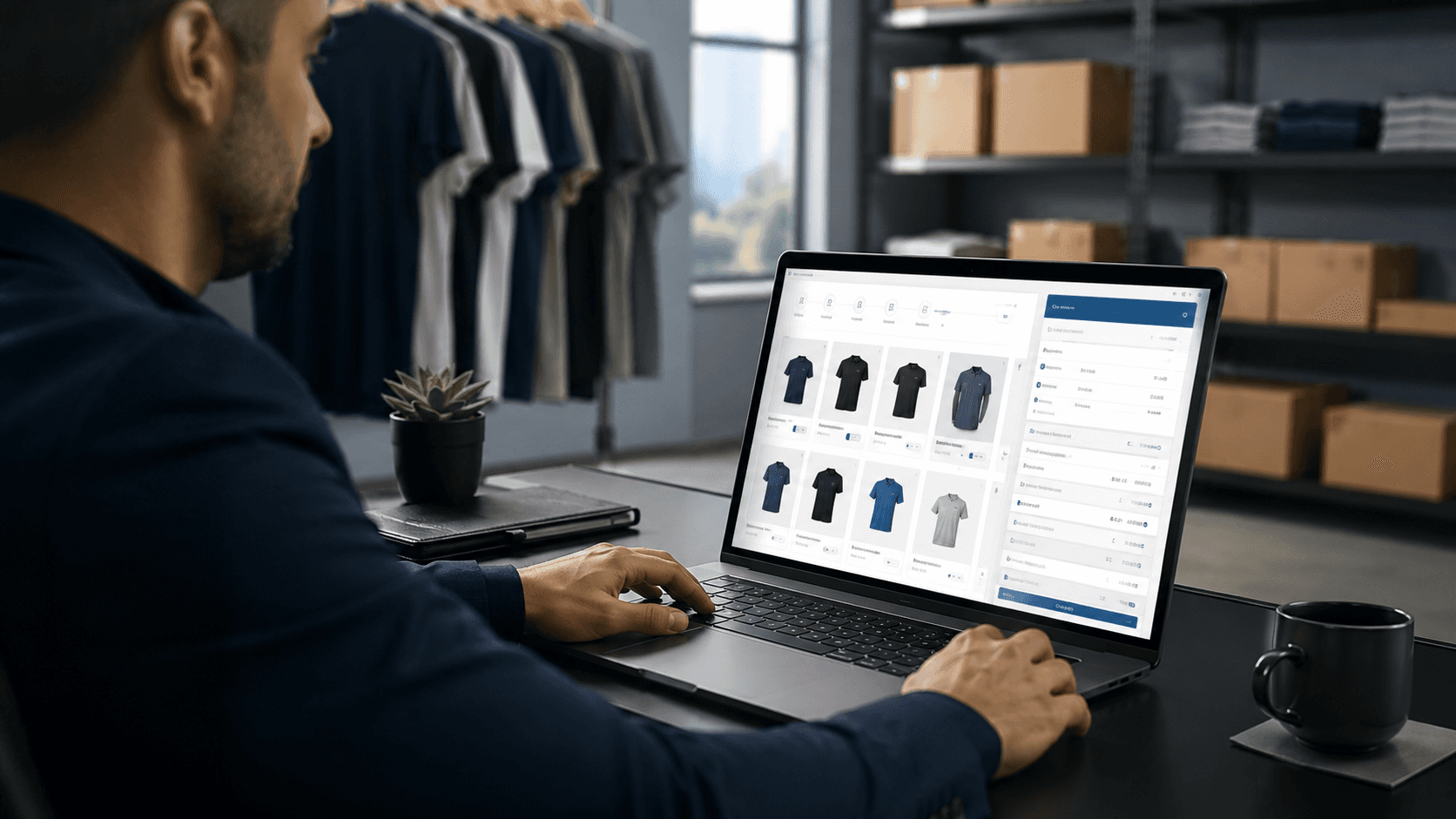 Homem utilizando um catálogo digital B2B em um notebook dentro de um escritório moderno com estilo industrial. Na tela aparecem produtos organizados com preços e opções de pedido, enquanto ao fundo há prateleiras, caixas e roupas penduradas, remetendo a uma operação de distribuição ou atacado. A cena tem iluminação natural e visual realista em 3D.