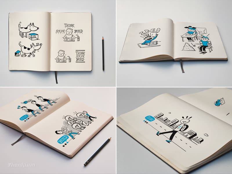 Libreta abierta con ilustraciones de pensamiento creativo, resolución de problemas y construcción de ideas.