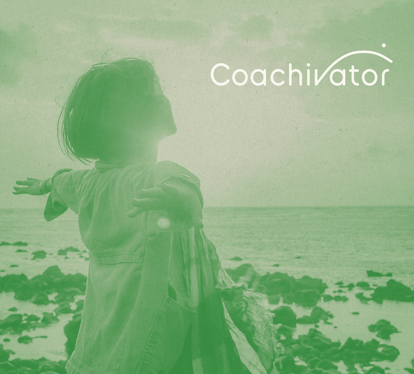Coachivtor graphic in greeen of a woman with her arms out feeling happy