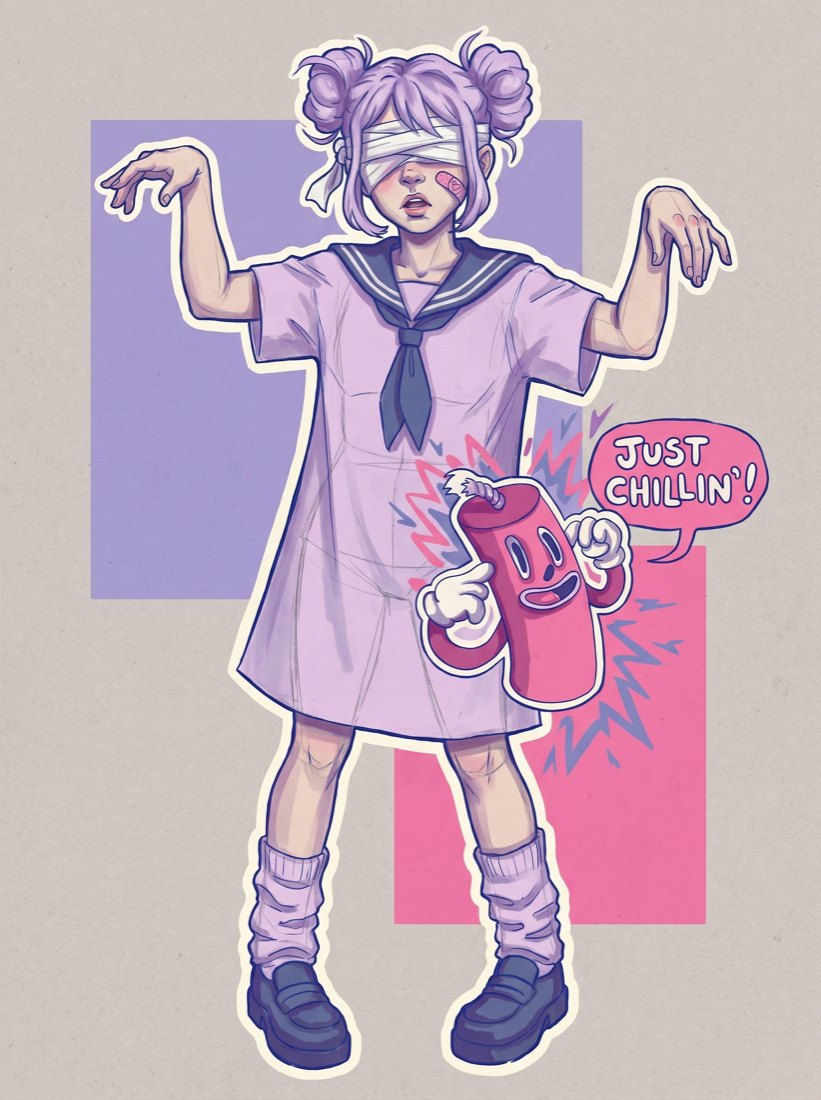 Concept B of The Patient, with visible graphite construction lines and the mascot tucked against her hip