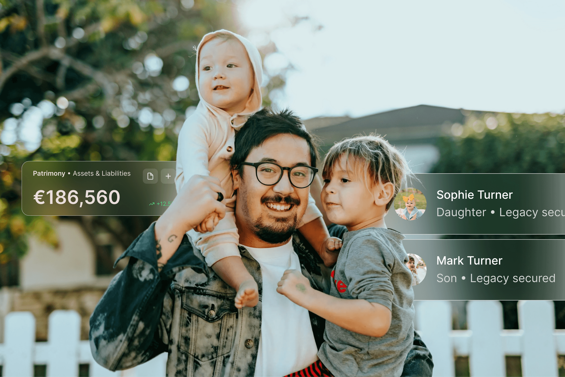 Family dad happy with his kids, with floating Ignis Vault components around them