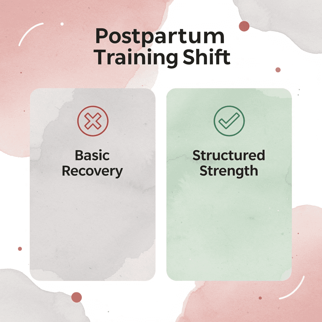 Before and after infographic showing shift from basic postpartum exercises to structured strength training