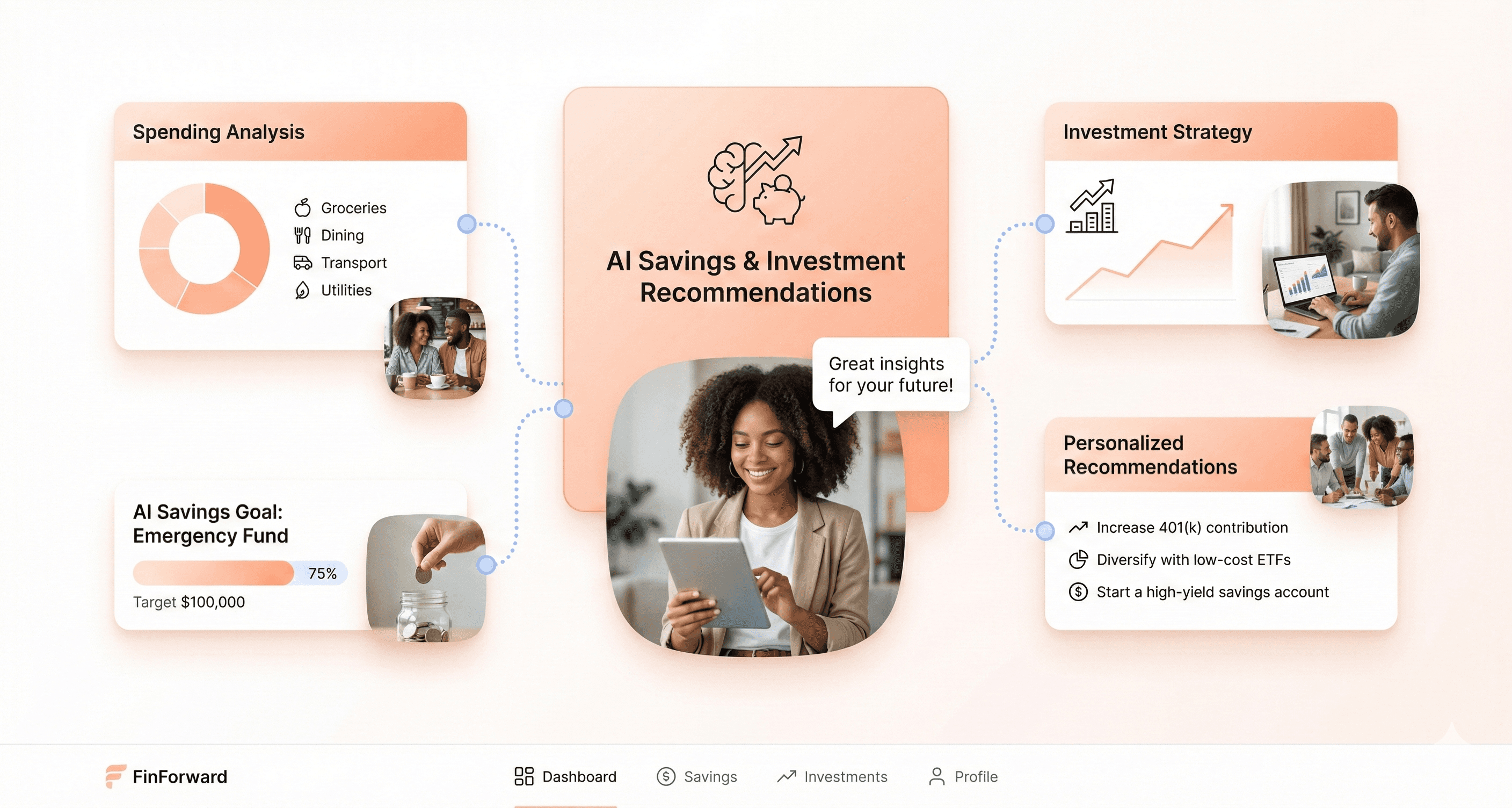 Fintech personal finance dashboard showing AI generated savings and investment recommendations based on user spending behavior