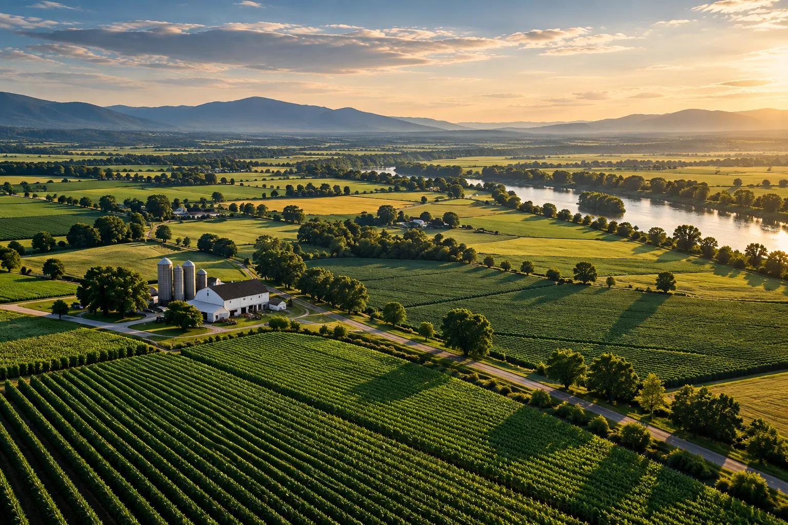 Farm with silos among striped fields beside a river