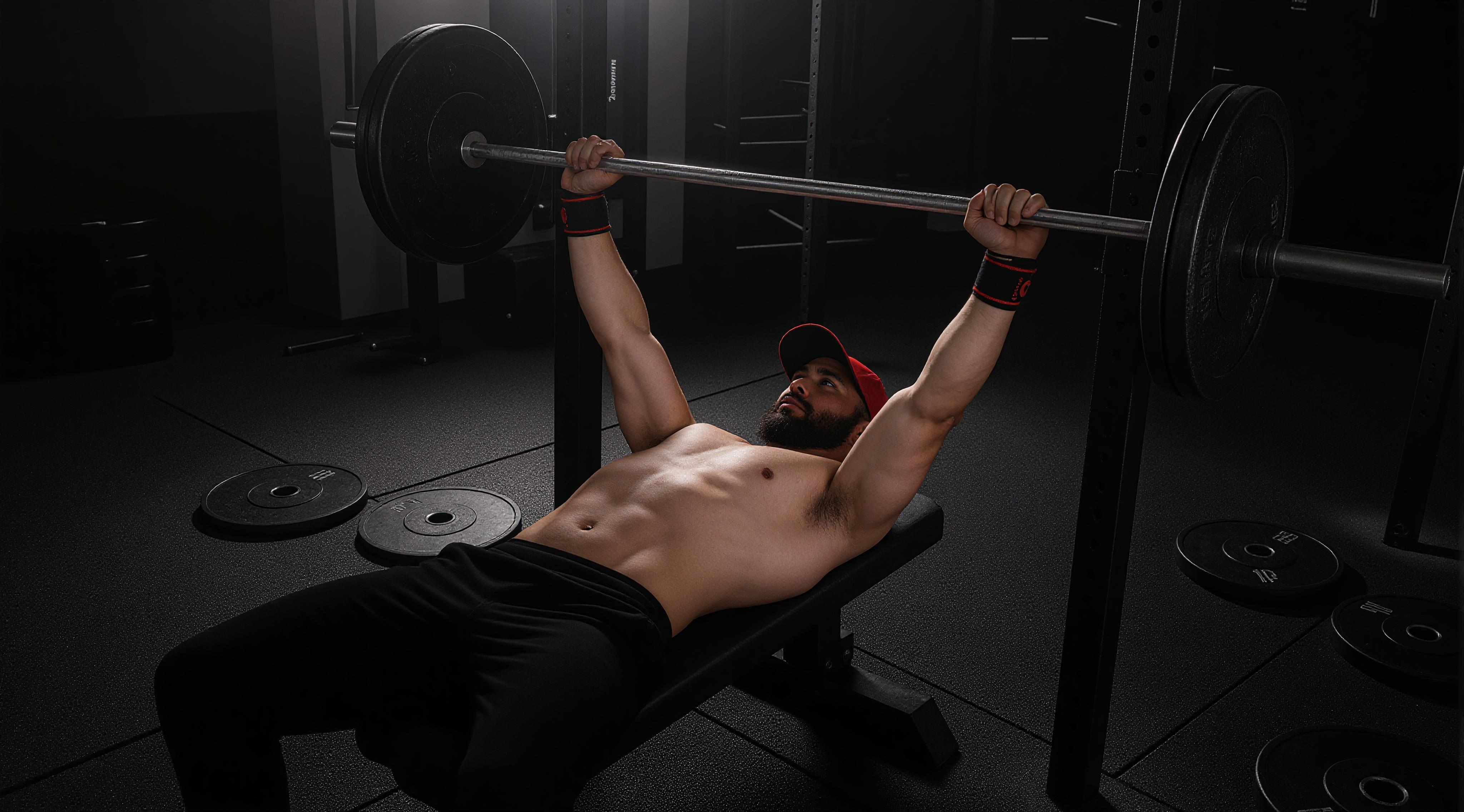 Man bench presses a barbell with weights in a gym, focusing on chest muscles, wearing a red hat and wrist wraps.