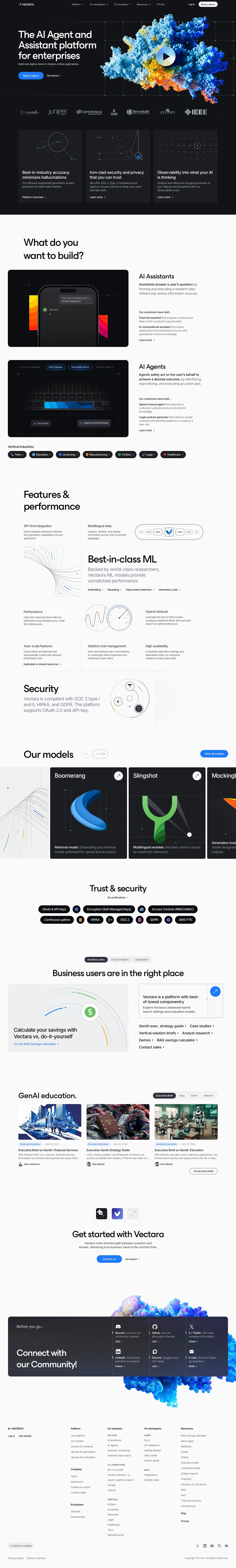 Vectara landing page page screenshot showcasing AI and Tech design