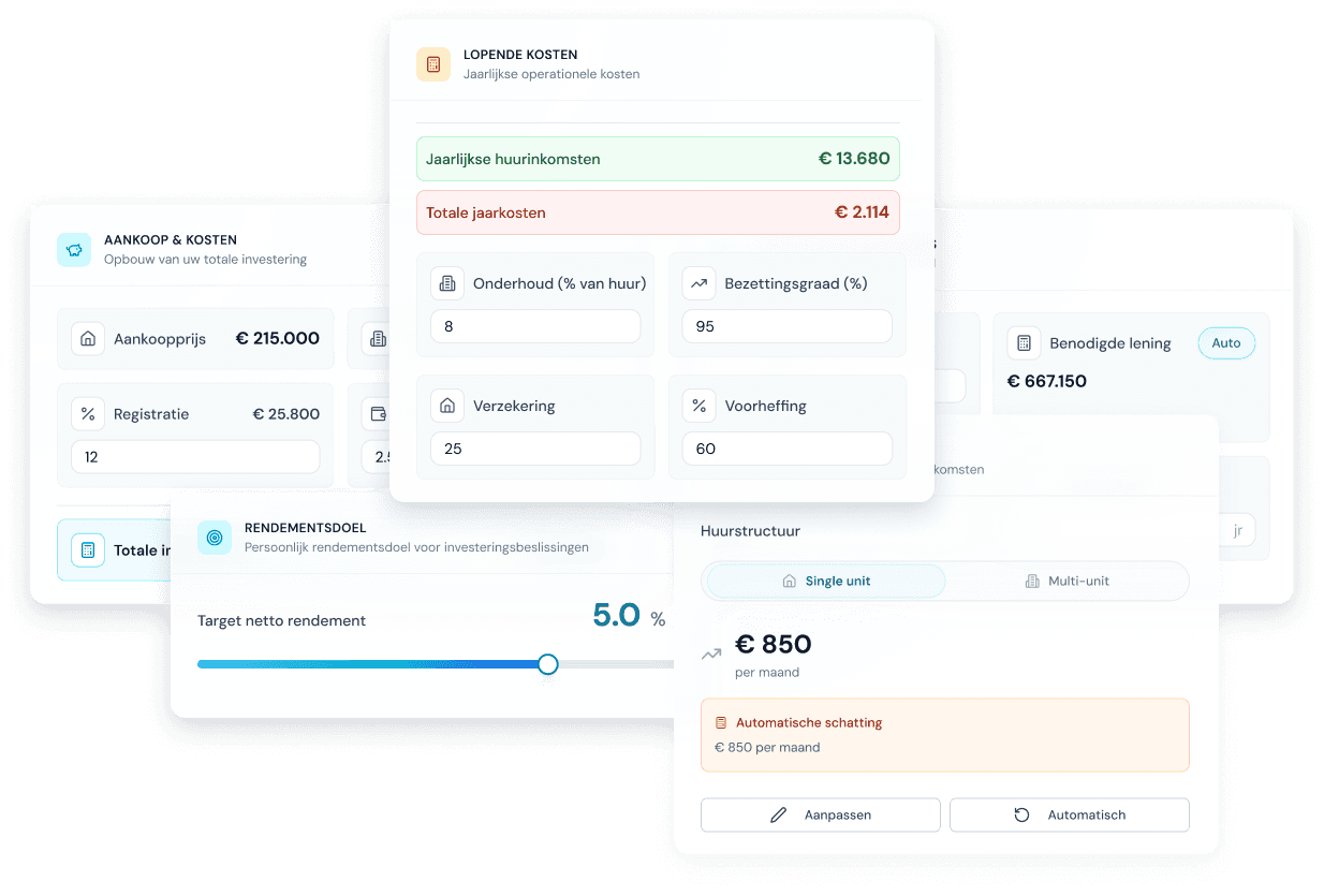 Bricksy interface om huur, kosten, financiering en rendementsdoel aan te passen voor een investeringsscenario.