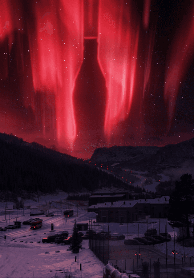 The final composition featuring a massive Coca-Cola bottle silhouette formed by the red aurora over a snowy village