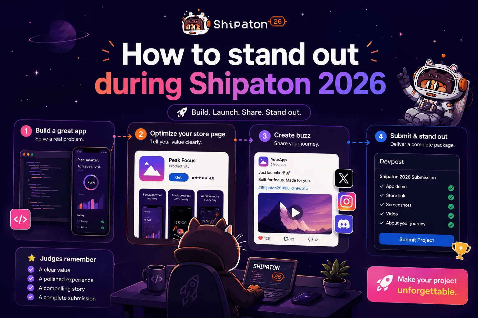 Build a memorable app, public story, store page, and Shipaton submission