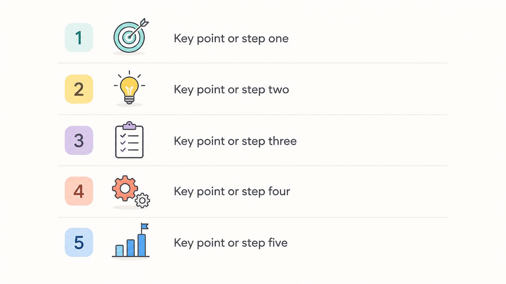 A list with five colorful numbered icons representing steps from target to growth and business strategies.