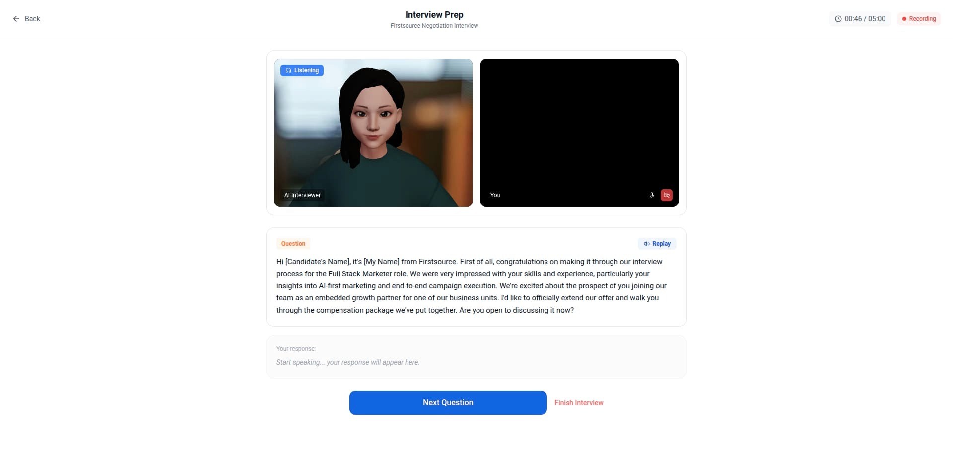 AI negotiator interview screen 