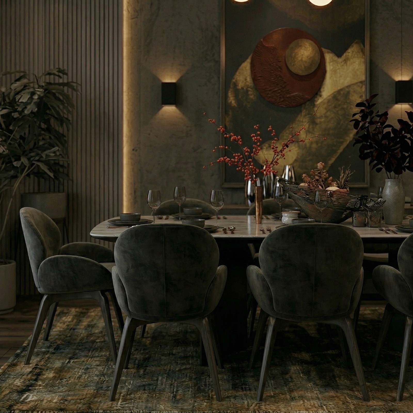 Moody, contemporary-luxe dining space in Pune featuring velvet scalloped-back chairs, a white marble table, and a brutalist-inspired concrete accent wall with integrated warm backlighting and bold abstract art