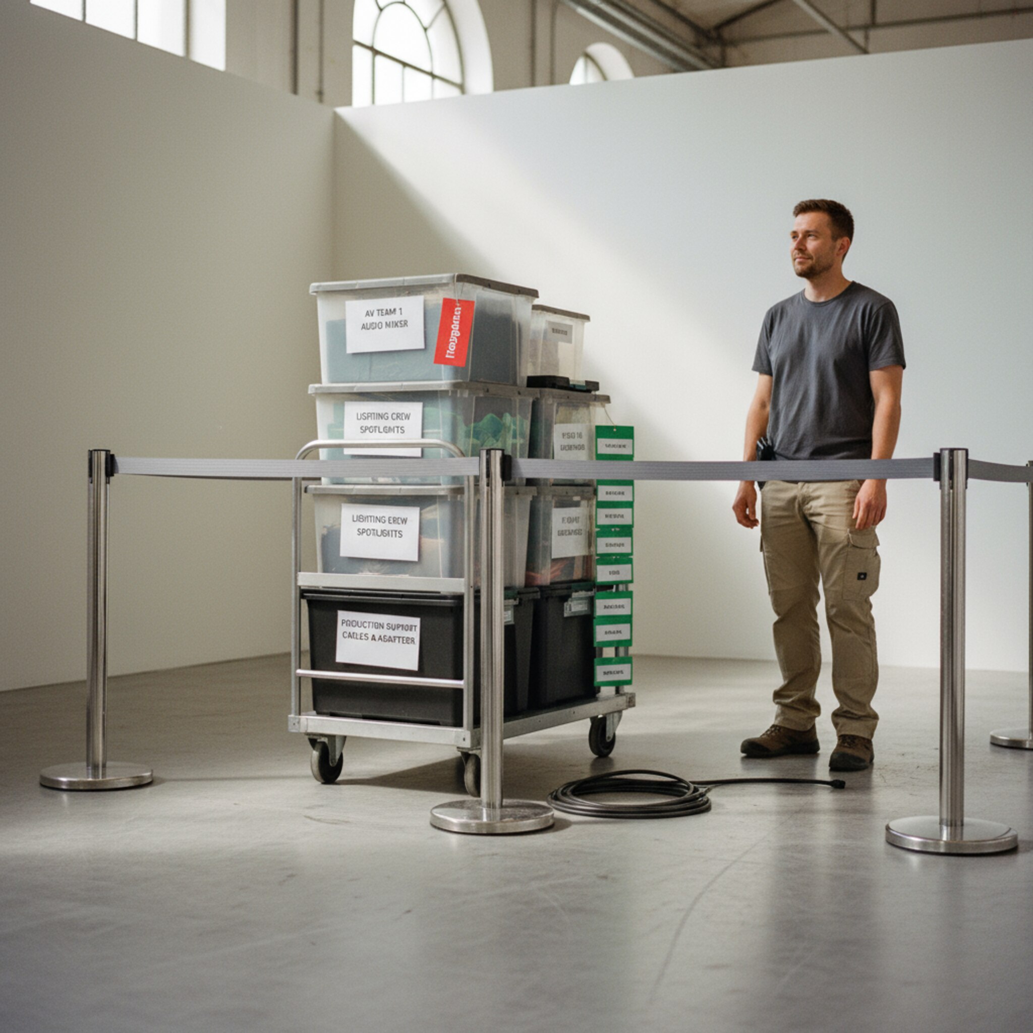 Ein kleiner Bereich ist mit Absperrbändern als Abholzone gekennzeichnet, auf einem stapelbaren Wagen stehen Sets mit klaren Namensetiketten. Ein roter Anhänger signalisiert freigegeben, grüne Karten ordnen Teams zu. Die Luft ist ruhig, die Ordnung zeigt klare Verantwortlichkeiten in der Vorbereitung.