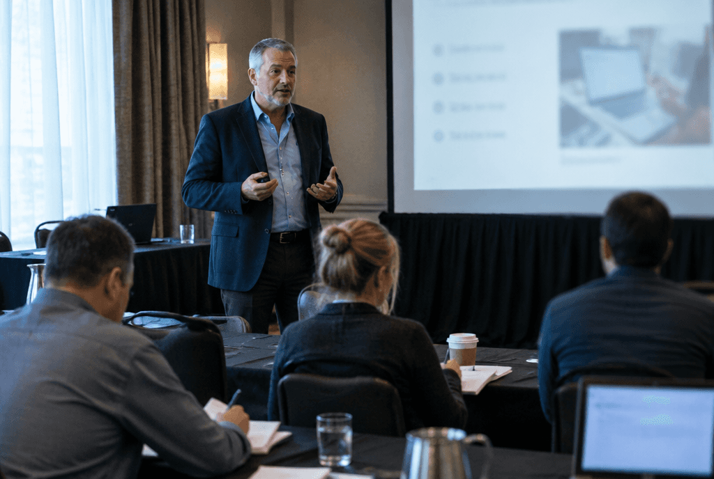 Senior consultant giving a talk to a small business audience in a hotel conference room
