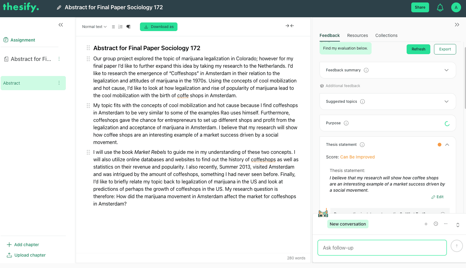 thesify interface showing an organized feedback report with thesis and purpose sections plus an easy-to-access Chat with Theo panel