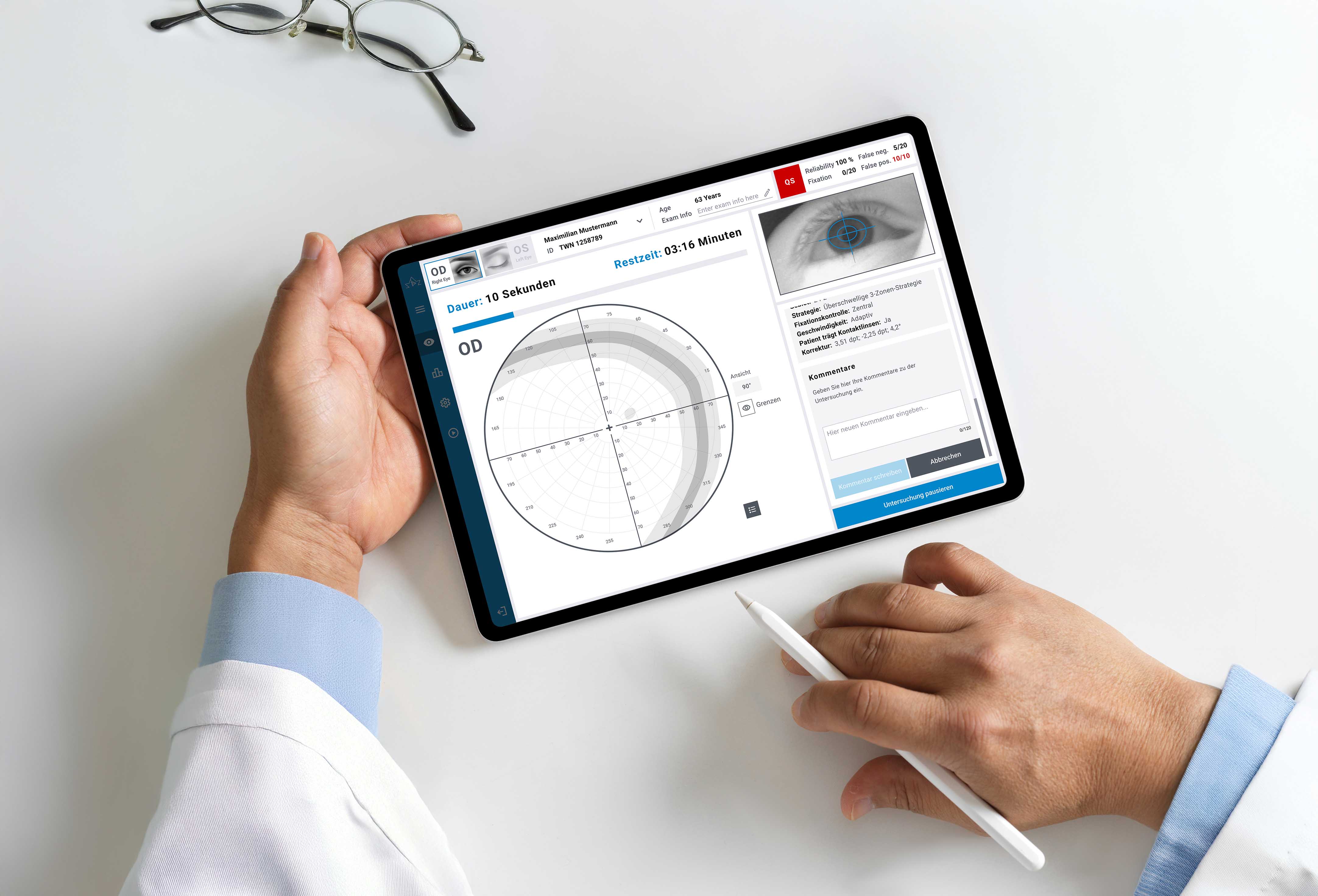 A screen of the Pentacam software displaying various examination data and graphics of an eye.