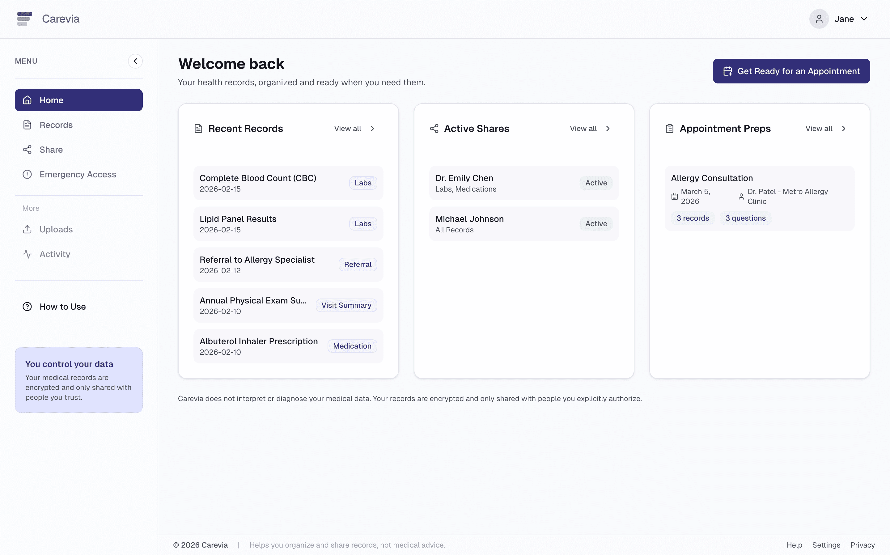 Carevia appointment preparation landing page