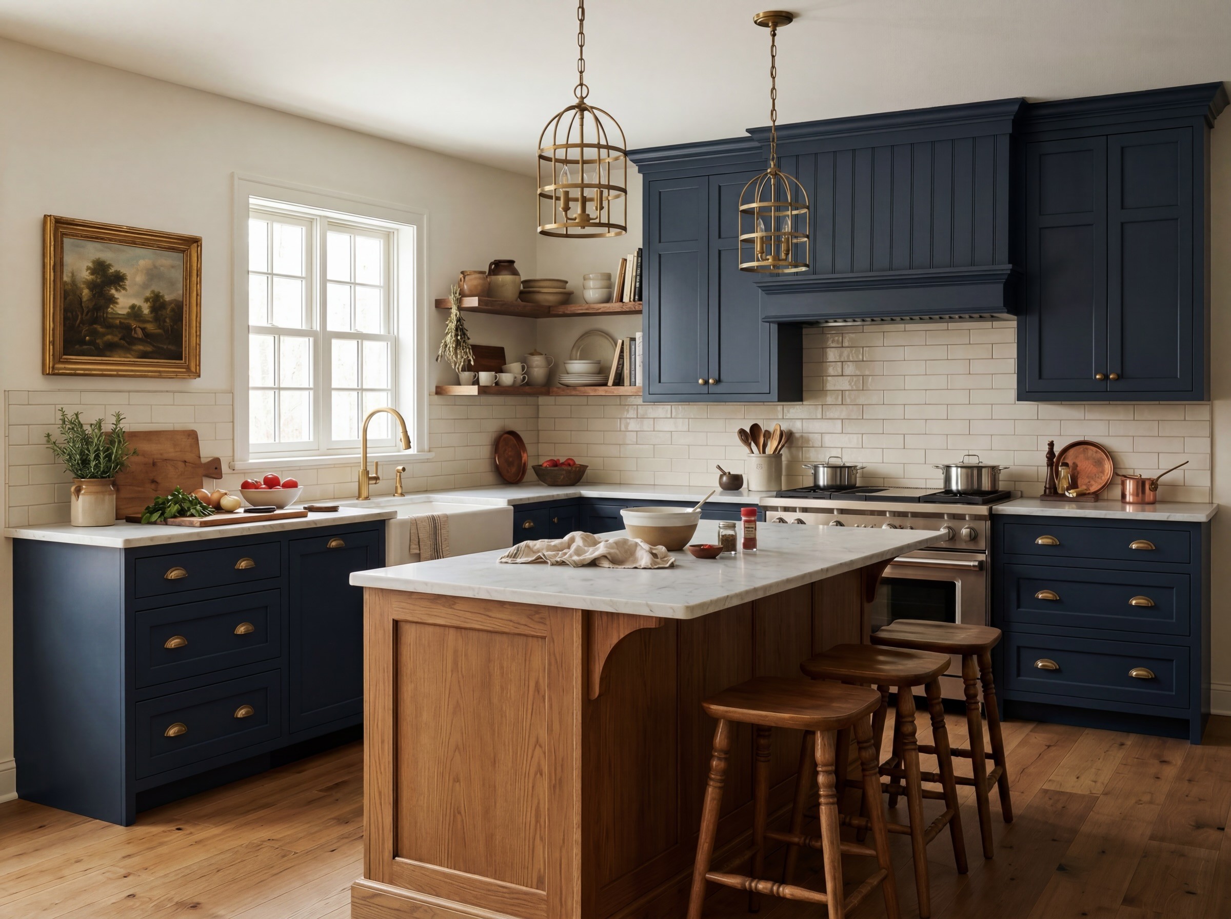 Sherwin-Williams Naval, SW 6244. Richer and inkier than Hale Navy, with a saturated depth that makes the brass glow.