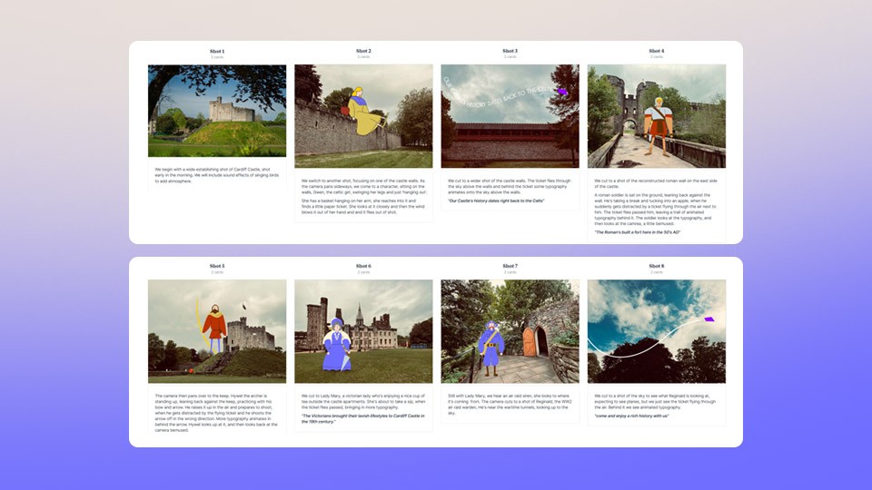 Eight panels of the storyboard with photos and illustrations