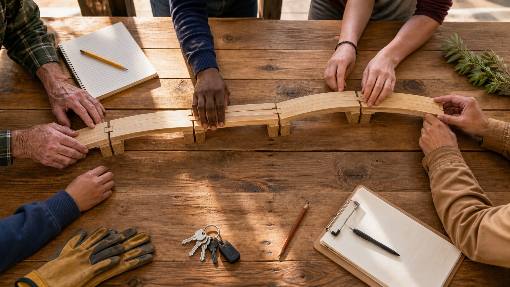 Hands from several people fit wooden pieces into a small bridge on a shared worktable.