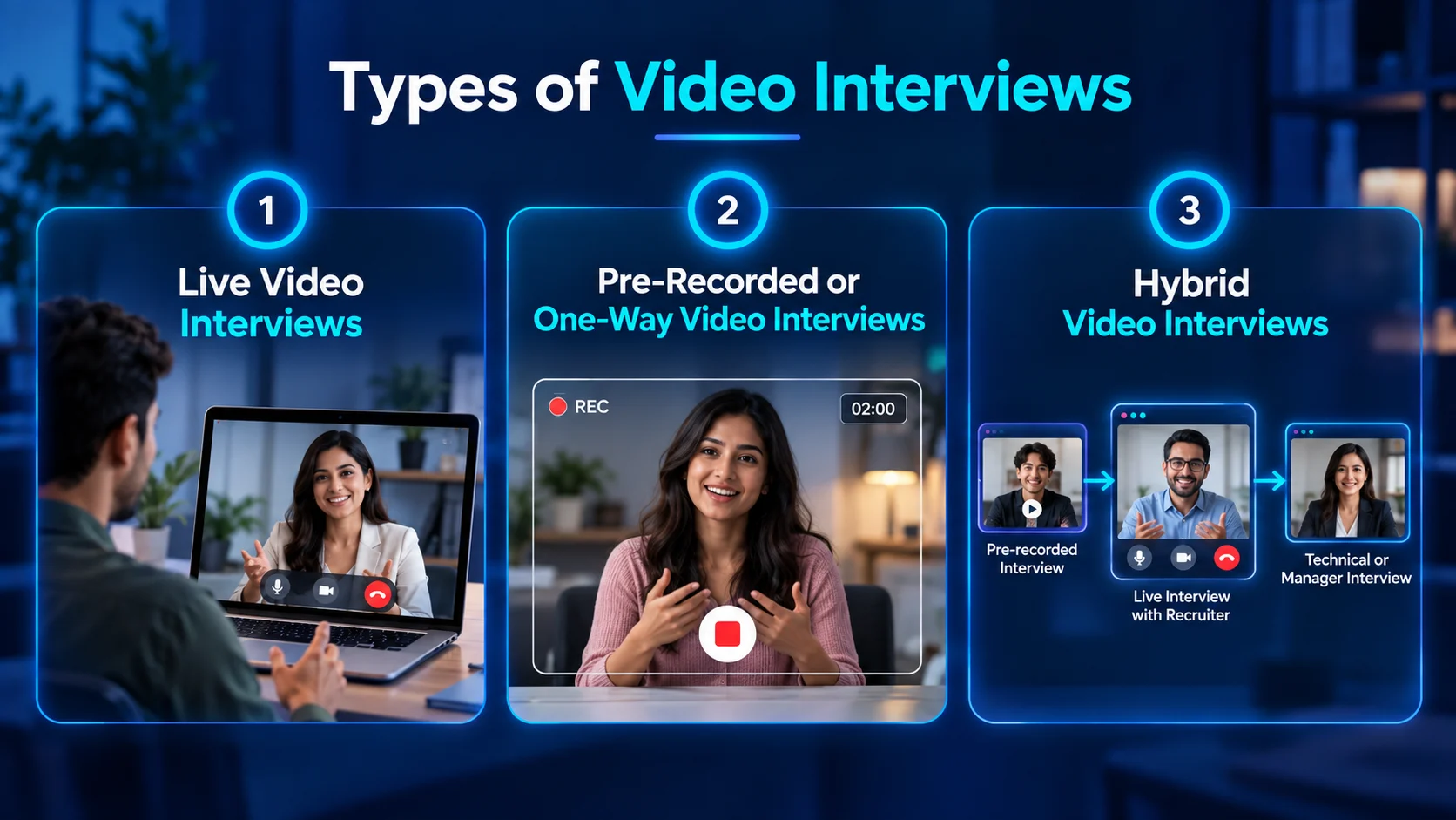 Types of video interviews: live, pre-recorded, and hybrid.