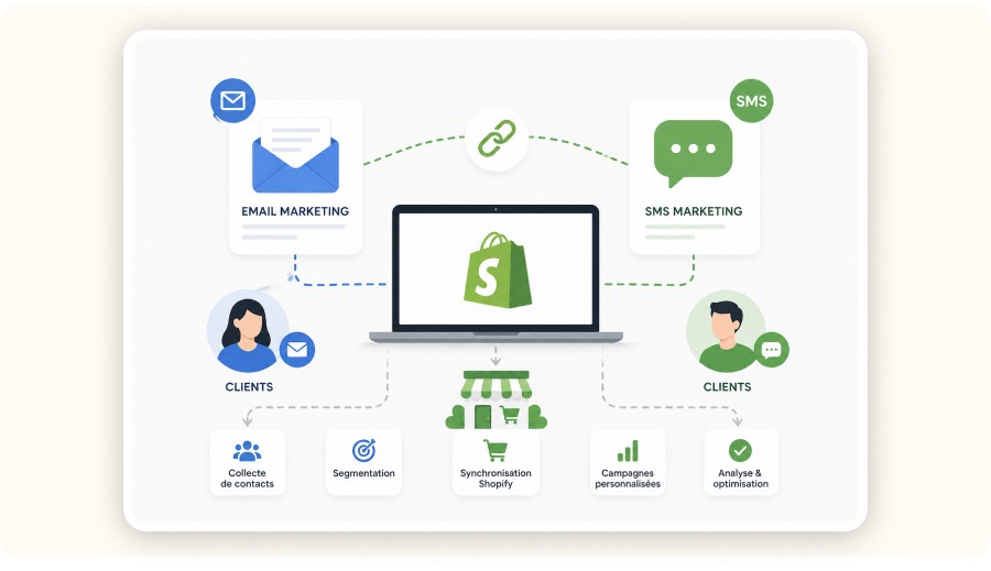 Intégration Shopify montrant marketing email et SMS connectés aux clients