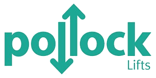 Pollock Lifts logo – the word pollock in teal lowercase letters with a double-headed arrow replacing the two L's, and the word Lifts in smaller teal text beneath