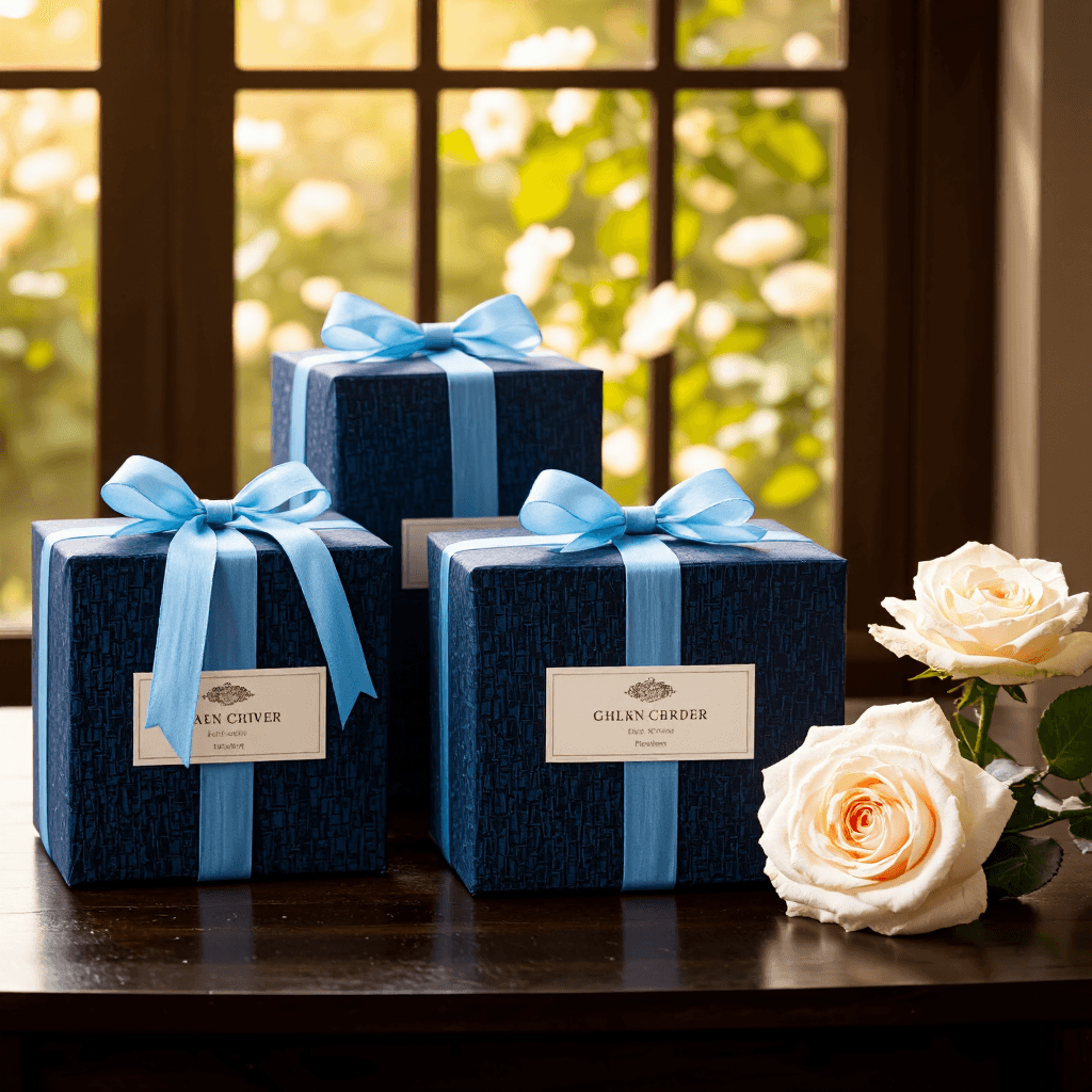 product photography of a set of gift boxes with a decorative ribbon