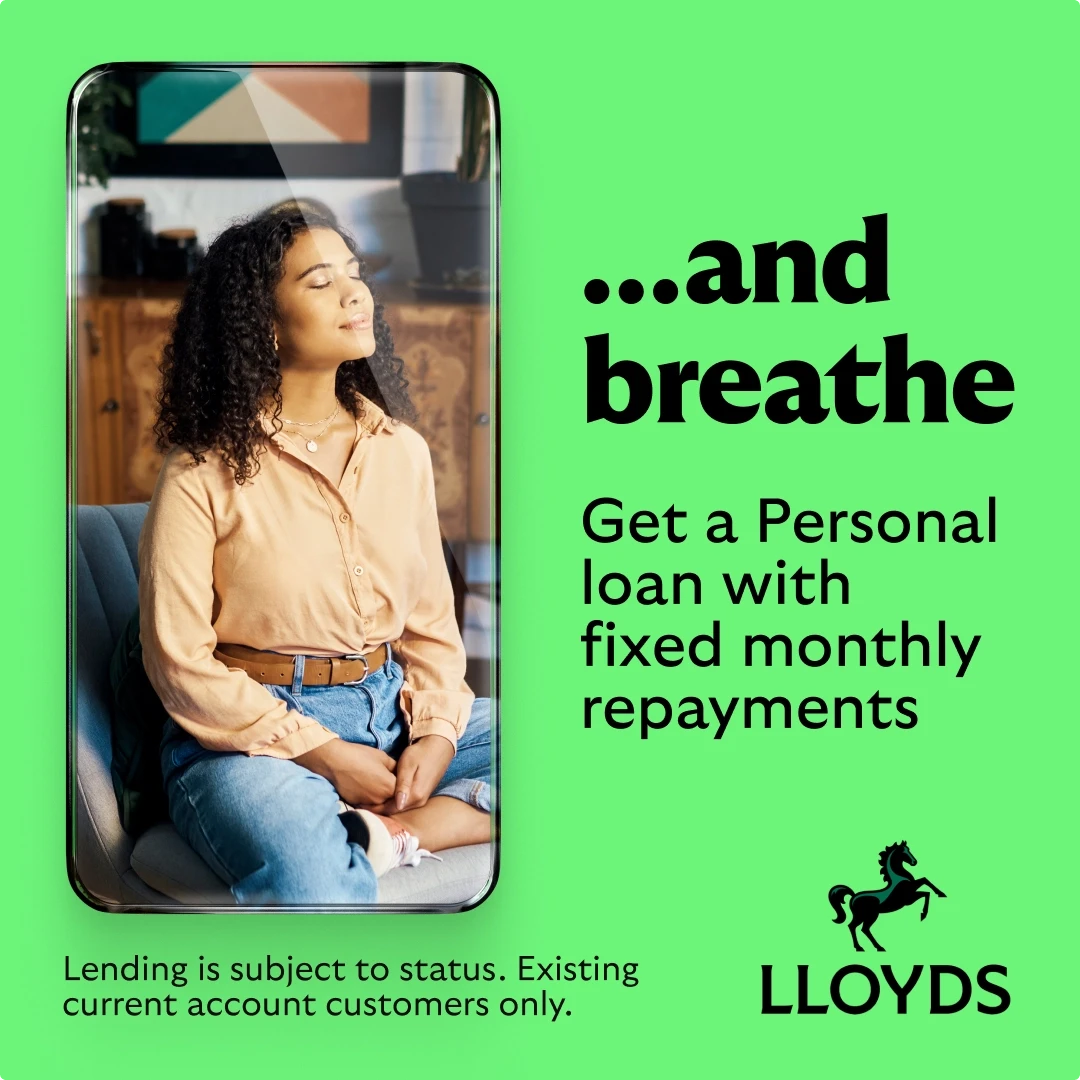 Lloyds Bank personal loan social media ad showing relaxed woman with eyes closed sitting peacefully in smartphone frame, '...and breathe' headline promoting fixed monthly repayment personal loans on bright green background with black Lloyds horse logo