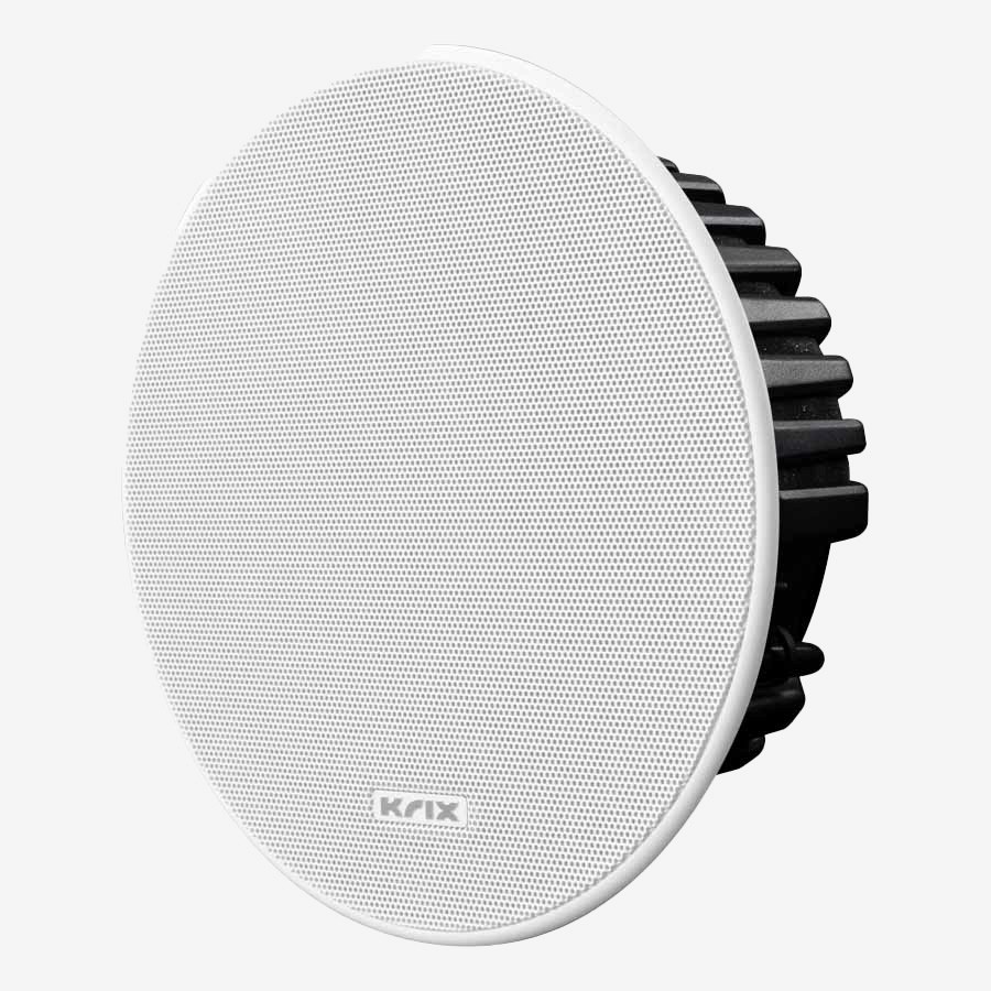 White round speaker with black ribbed back